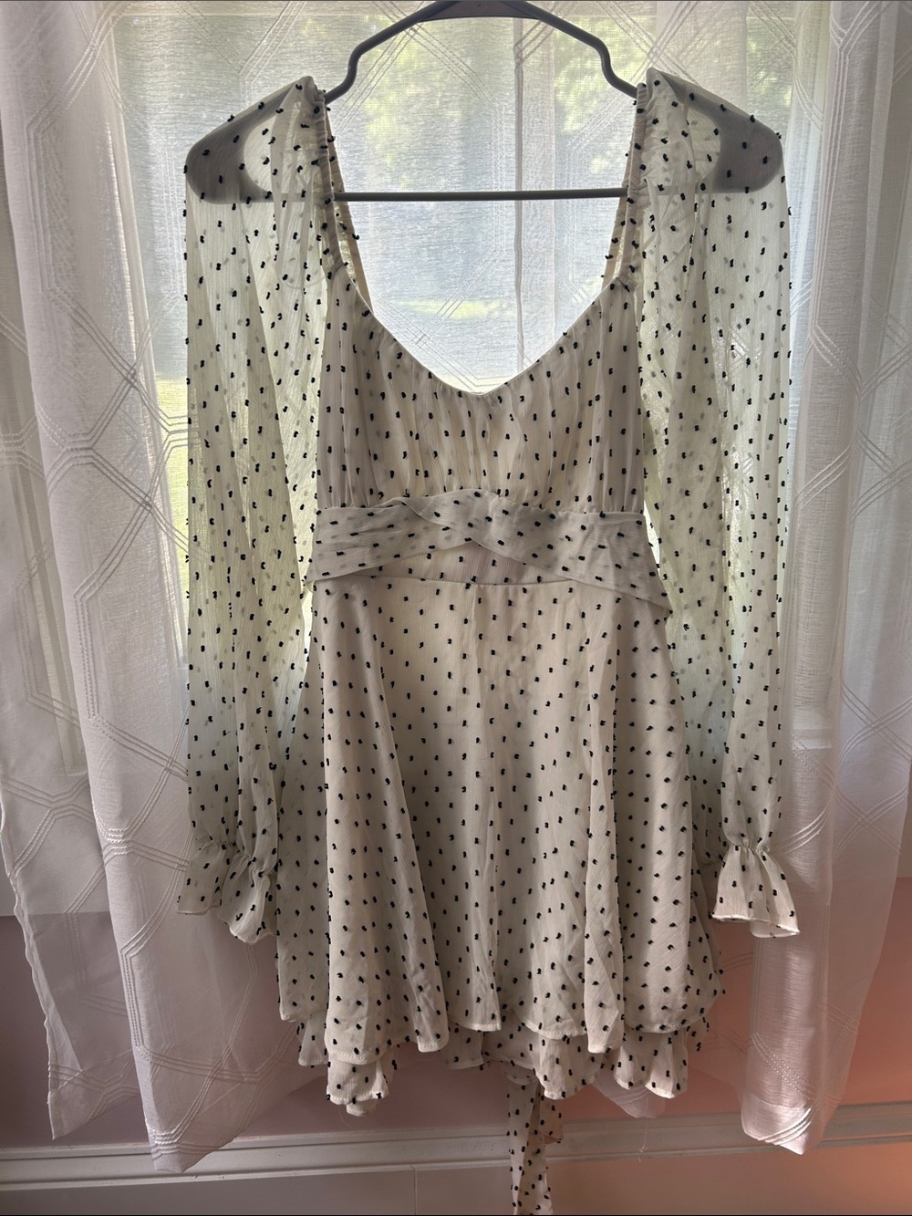 Ivory Polka Dot Mini Dress with Sheer Long Sleeves